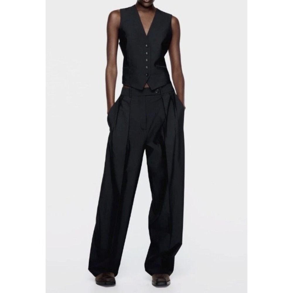 Black Wide Leg Pleated Tailored Trousers High Waisted Womens Dress Pants